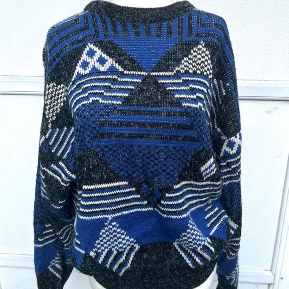Vintage sweater 80s sz M blue & black geo print Santana dad sweater Grandpa core - Picture 9 of 9